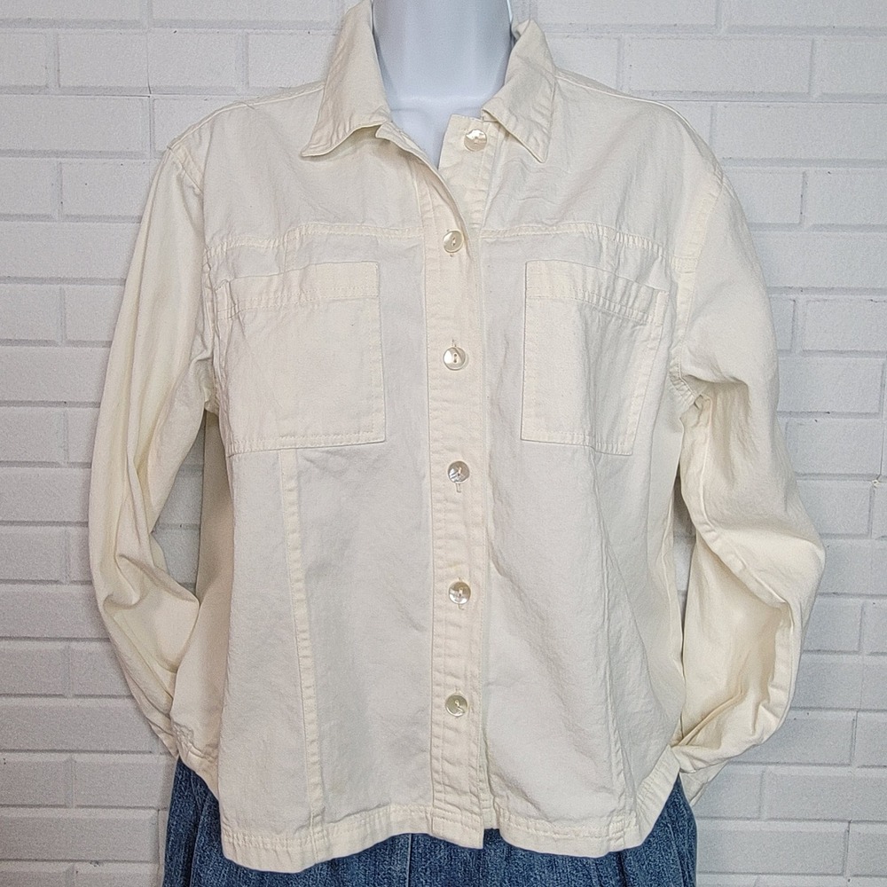 Vtg 1990s CRT Wolf Applique Shacket Sz L Cream Denim Western Rustic Jacket - Picture 2 of 9